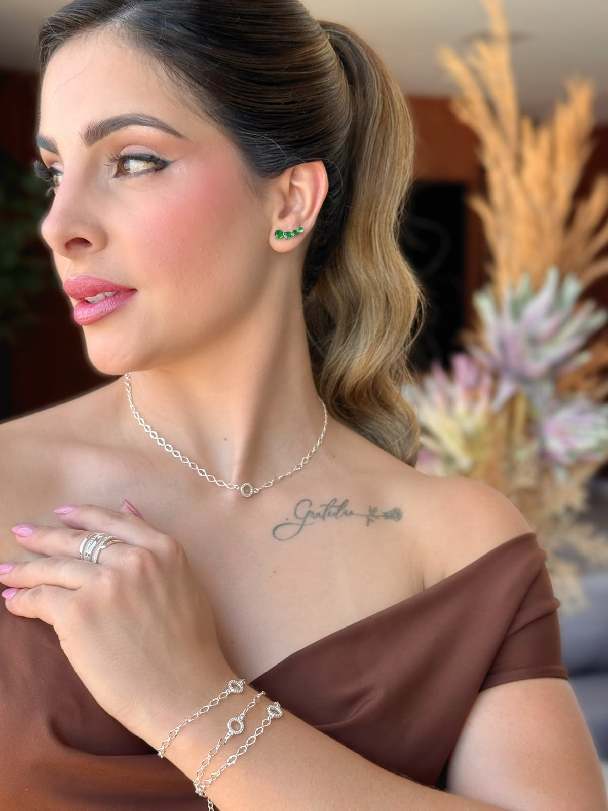 Choker elos com círculo cravejado folheada a prata
