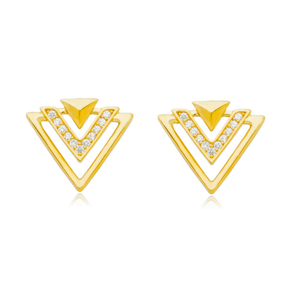 Brinco triangulo duplo cravejado folheado em ouro 18k