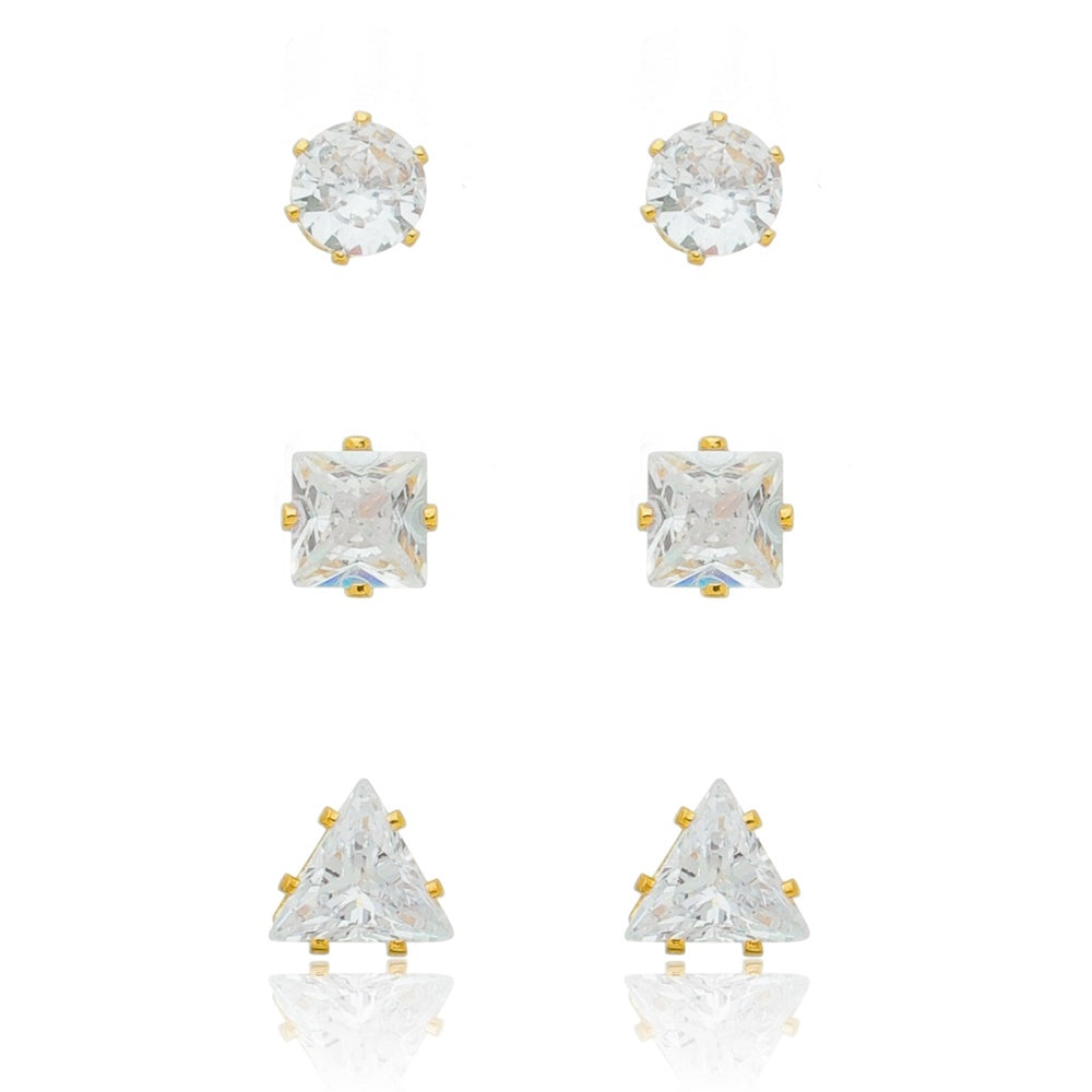 Brinco trio geometrico com zircônia folheado a ouro 18k