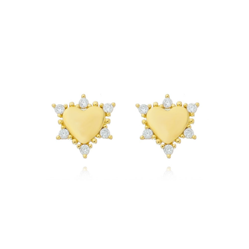 Brinco coração com pontos de zirconias folheada em ouro 18K