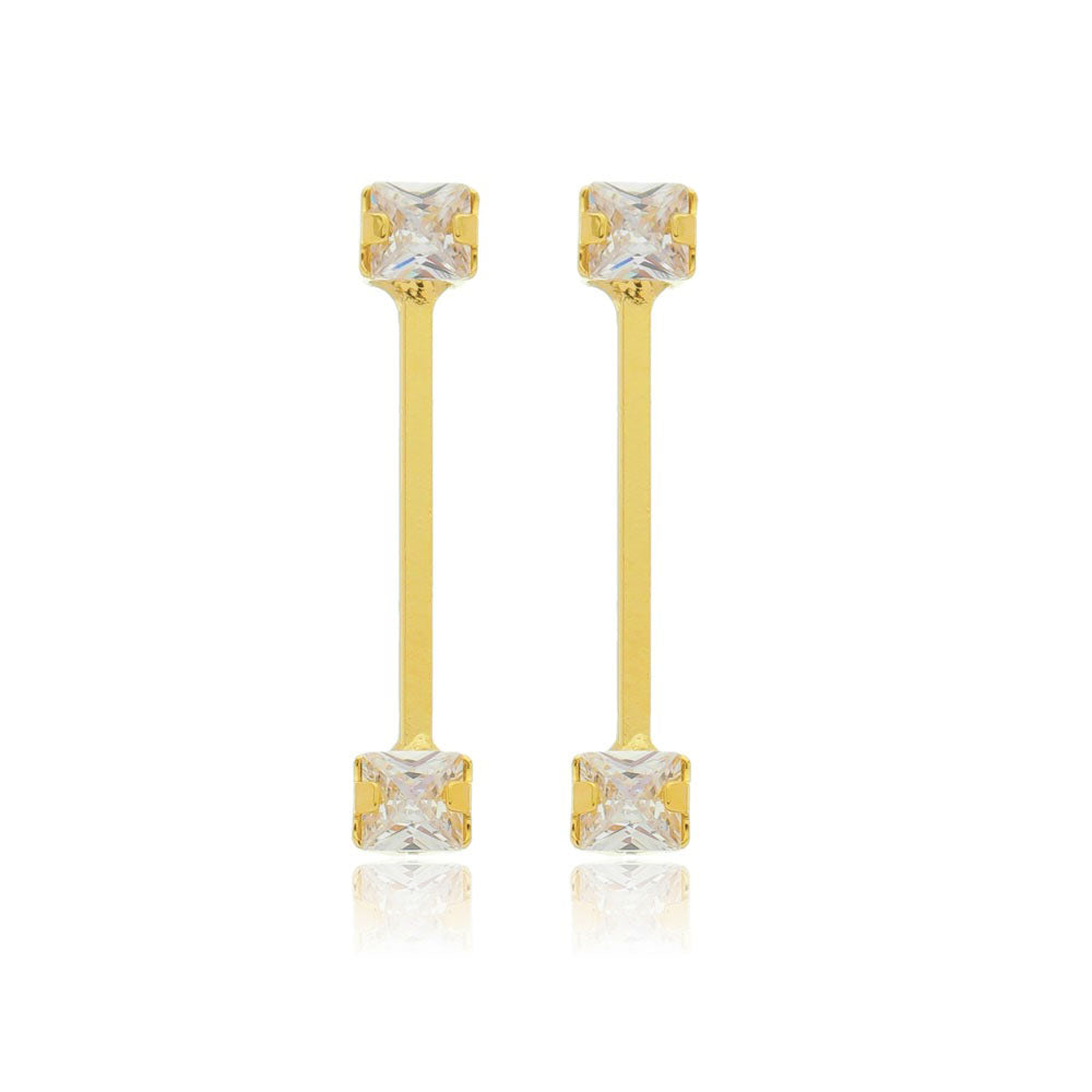 Brinco palito com 2 zirconia folheado a ouro 18k