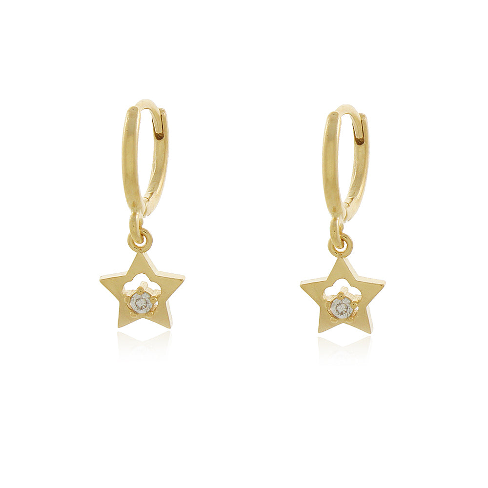Brinco argola articulada com estrela e ponto de luz folheada a ouro 18k