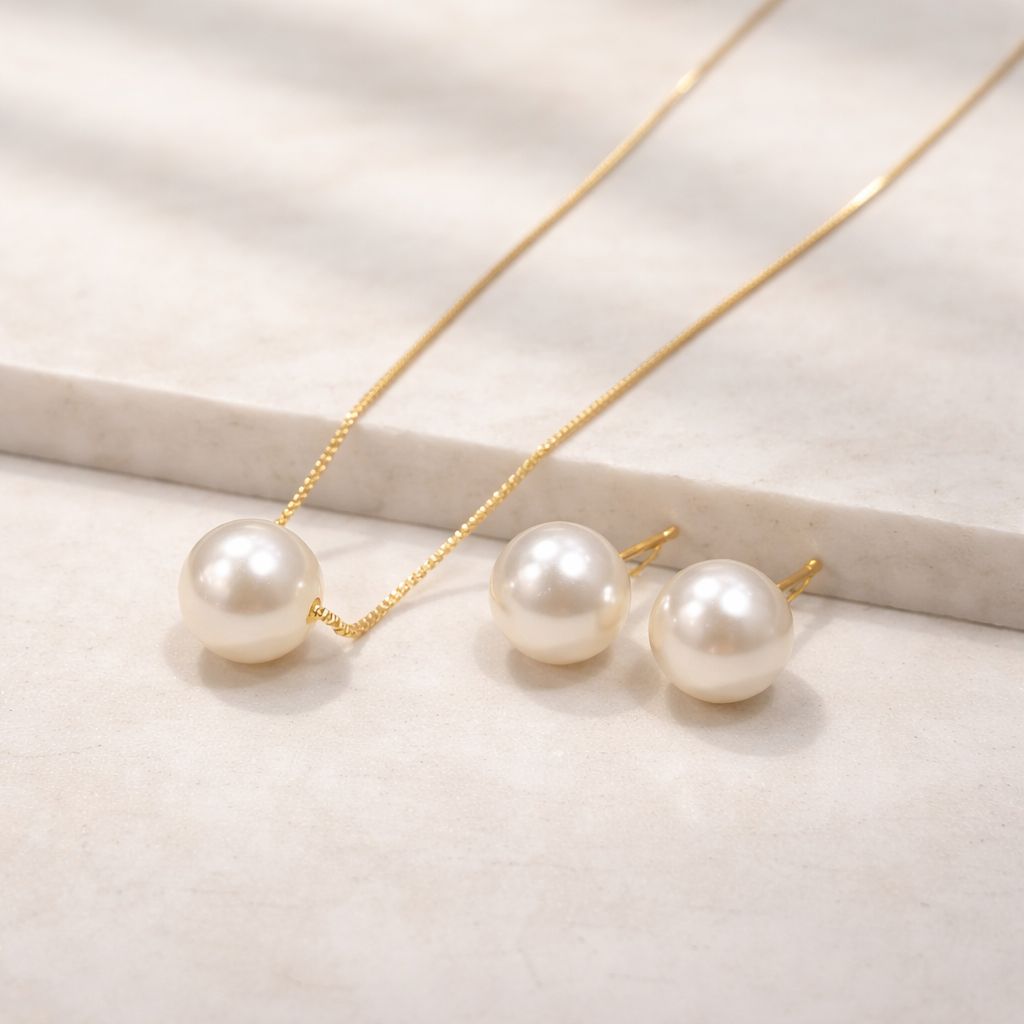 Conjunto de colar e brinco de pérola folheado a ouro 18k