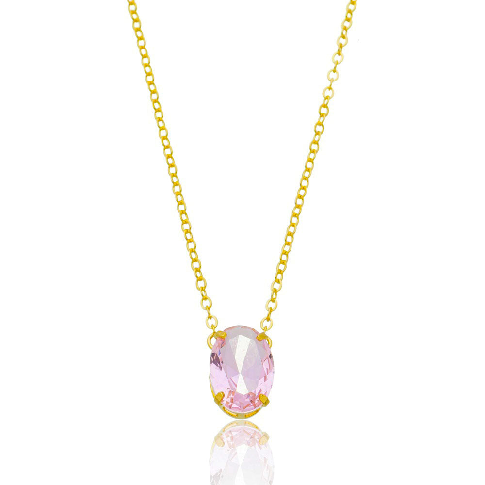 Colar cristal cor quartzo rosa oval folheado a ouro 18k