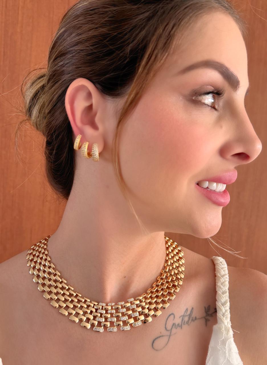 Brinco Trio Argolas Cravejadas folheado a ouro 18K
