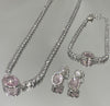 Conjunto Riviera Pedra oval Rosa Quartzo folheado a ródio