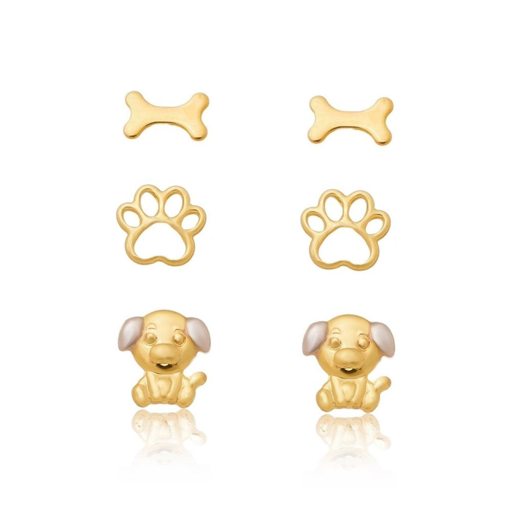 Brinco trio cachorrinho, patinha, ossinho folheado a ouro 18k