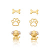 Brinco trio cachorrinho, patinha, ossinho folheado a ouro 18k